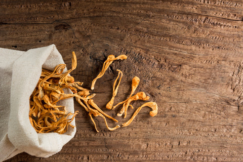 A bag of Cordyceps mushrooms, against a wooden backdrop